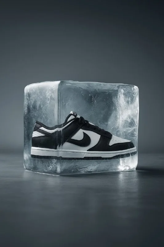 Fallstudie mit einem Sneaker im Eis eines offenen Kanals.