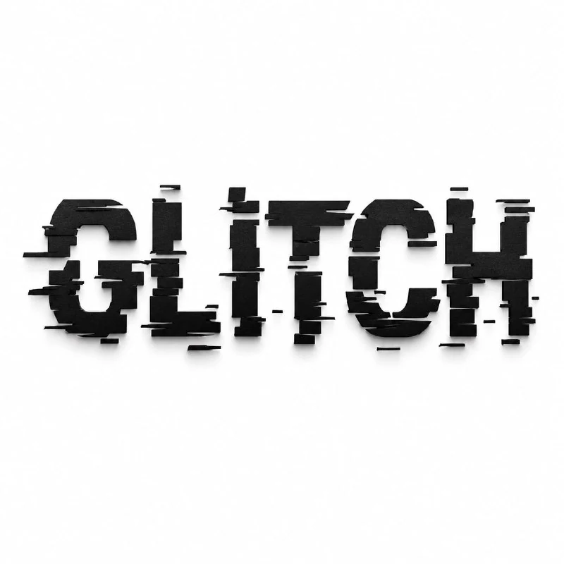 Schwarze GLITCH-Schrift mit geometrischen Schnitten und verschobenen Teilen