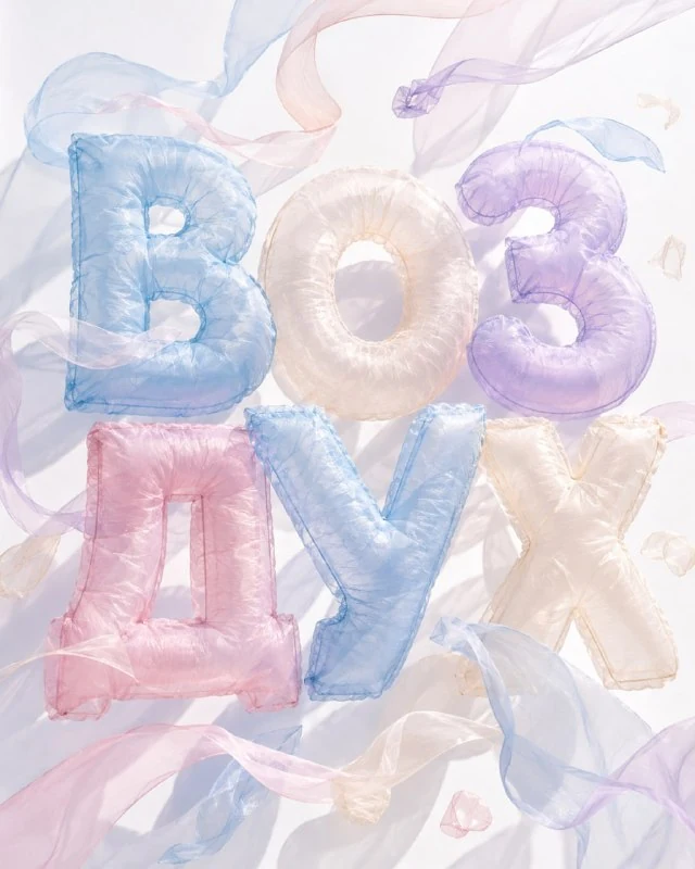 Pastel translucent organza letters with soft folds and coloured shadows