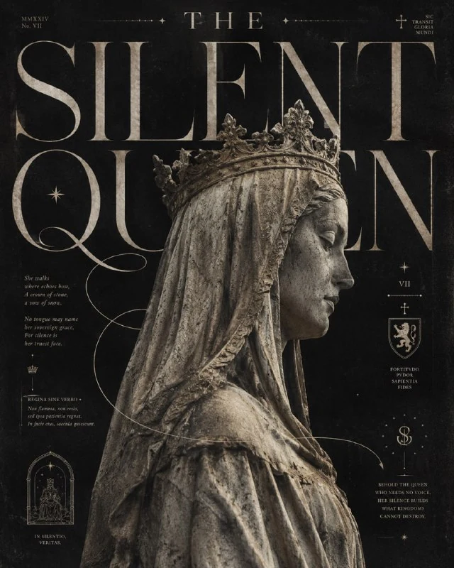 Plakat w stylistyce magazynowej z kamiennym posągiem królowej z profilu i dużym krojem szeryfowym